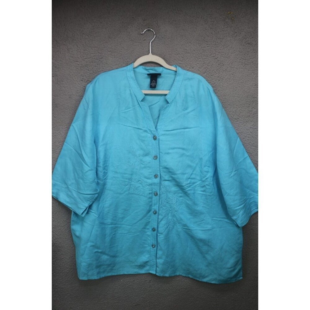 Maggie Barnes 3/4 Sleeve Embroidered Beaded Linen Blend Button Up Top-Size 2X